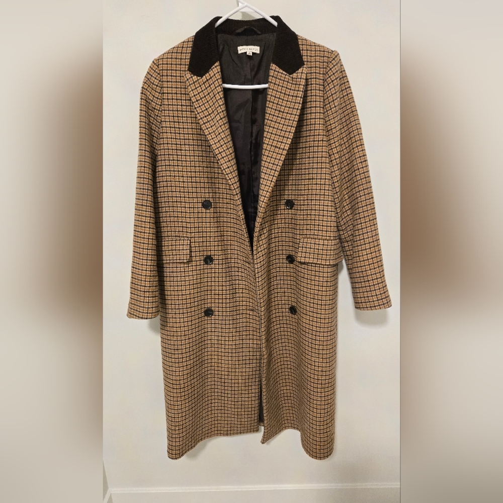 Moon River Houndstooth DoubleBreasted Beige Chic Long Coat